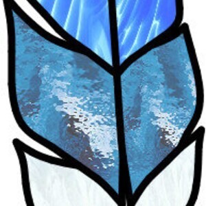May include: A blue and white stained glass feather with a black outline. The feather has a wavy pattern and is a decorative piece.