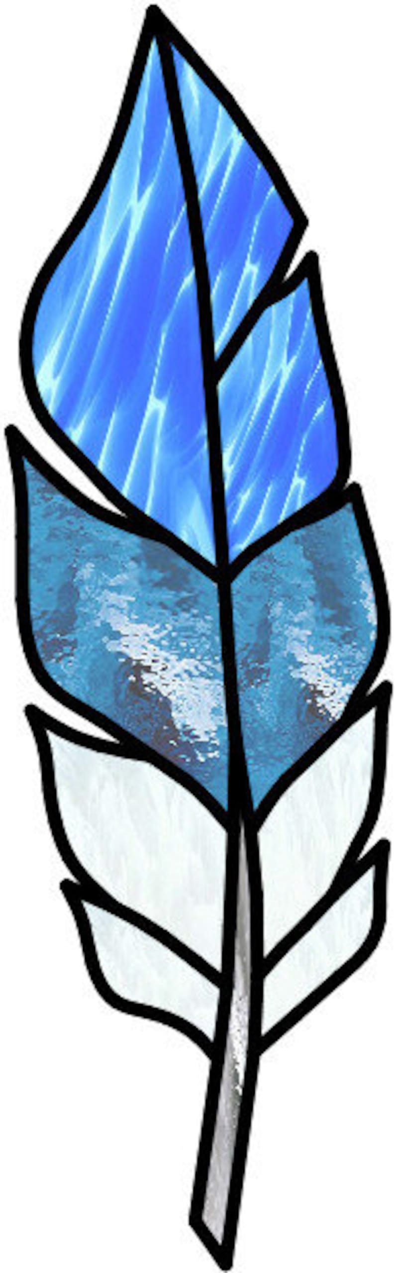 May include: A blue and white stained glass feather with a black outline. The feather has a wavy pattern and is a decorative piece.