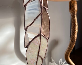 Copper, Dusty Pink and White Handpainted Stained Glass Feather Suncatcher, Window or Wall Décor, Boho Décor, Handmade in Canada Glass Art