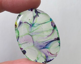 Fused Glass Green, Purple Transparent Cabochon - Handmade Jewelry Glass Gem - Craft Supplies - Glass Charm - Necklace Pendant