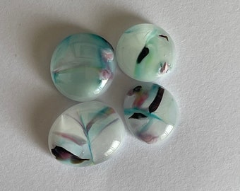 Set of Four Fused Glass White, Turquoise and Pink Cabochon Set - Handmade Jewelry Glass Gem - Craft Supplies - Glass Charm -  96 COE