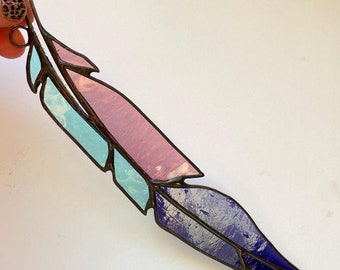 Long Curved Stained Glass Feather in Purple, Pink and Sea Green Suncatcher, Window or Wall Décor, Boho Décor, Handmade in Canada Glass Art