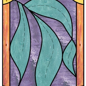 May include: A stained glass pattern with 22 numbered sections. The pattern features a purple background with teal leaf shapes. The border is made of orange and yellow glass.