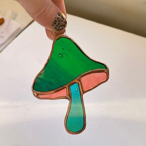 Green, Copper Stained Glass Mushroom Suncatcher, Window Décor, Boho Home Accent, Glass Art, Window or Wall Hanging, Christmas Tree Ornamen image 5