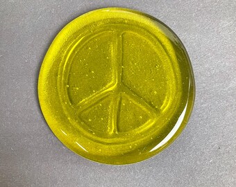 Bright yellow round fused glass peace sign cabochon, glass ornament, glass home decor, neon yellow