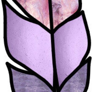 May include: A purple and pink feather with a black outline. The feather has a marbled pattern and is layered with different shades of purple.