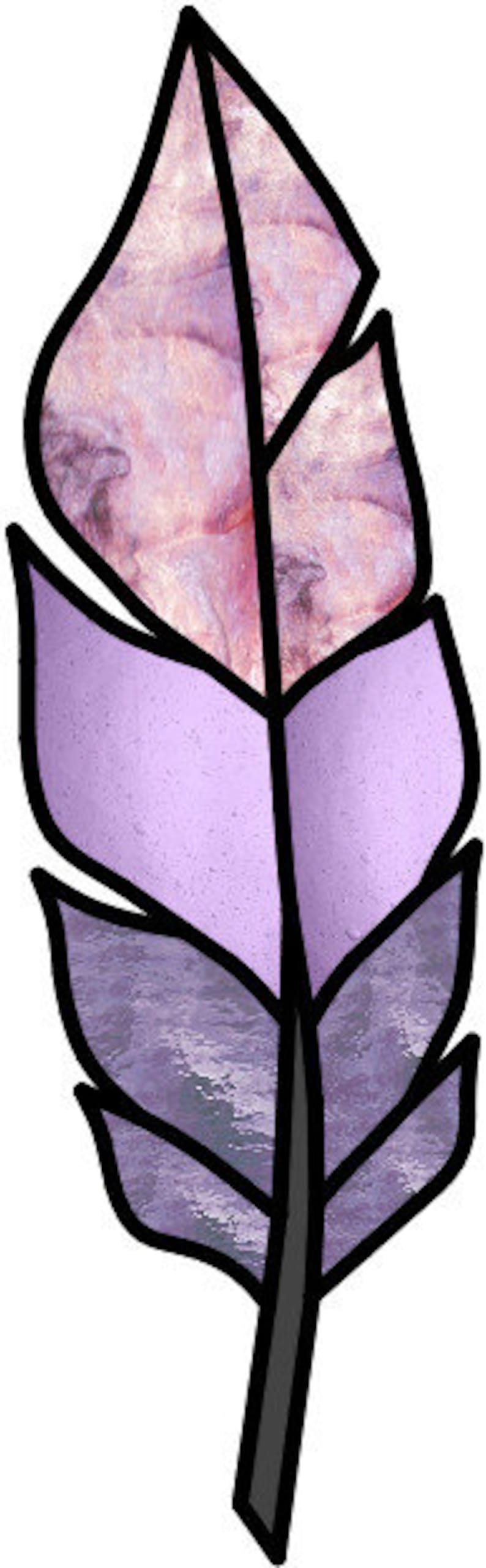 May include: A purple and pink feather with a black outline. The feather has a marbled pattern and is layered with different shades of purple.