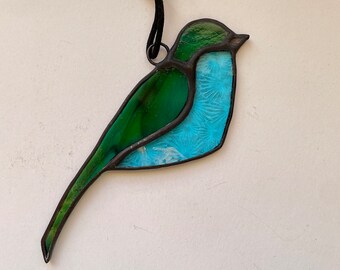 Green Turquoise and Blue Stained Glass Bird Ornament Suncatcher, Window Hangings, Boho Décor