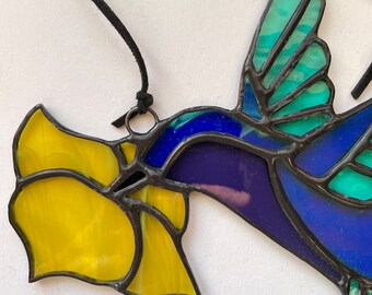 Stained Glass Humming Bird with Yellow Flower Sun Catcher, Glass Art, Boho Window Décor, Blue Iridescent Turquoise Purple Bird