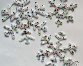 Fused Glass Snowflake Ornament Set of Three- Opaque White with Deep Rainbow Confetti Frit  - Ready to Ship - Christmas Ornaments