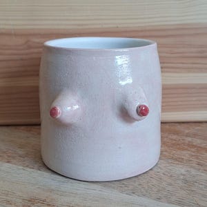 Puede incluir: Taza de cerámica rosa claro con un diseño único, con dos protuberancias en forma de pecho con detalles rojos. La taza tiene forma cilíndrica y un acabado liso y brillante, con interior blanco.