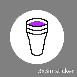 May include: A 3x3 inch sticker featuring a pixelated illustration of a white cup with a purple liquid inside. The cup has a black outline and is filled with a purple liquid.