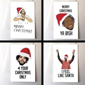 Set van 4 wenskaarten met vrolijk kerstfeest, Drake, Kendrick, J. Cole, Kanye