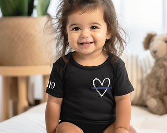 Thin Blue Line Heart Customizable with Badge Number Bodysuit | Thin Blue Line | Baby | Custom | Personalization | Back the Blue