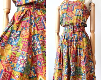 80s Vintage Bright Abstract Print Dress - Summer - Size Small UK 10 US 6 EU 38