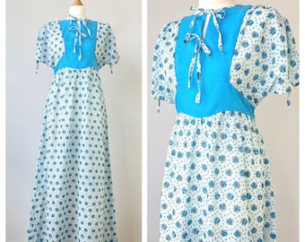 Vintage 70s Prairie Dress, Maxi, Blue Floral Print, Size UK 10 12 US 6 8 EU 38 40 Small