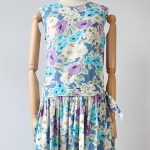 1950s Drop Waist Sash Floral Print Tea Dress | Vintage Button Back Summer Resort | Size UK 10 US 6