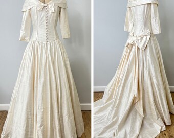 Vintage 90s Wedding Dress, Raw Silk Victorian Style, Size X Small, UK 8 US 4 EU 36