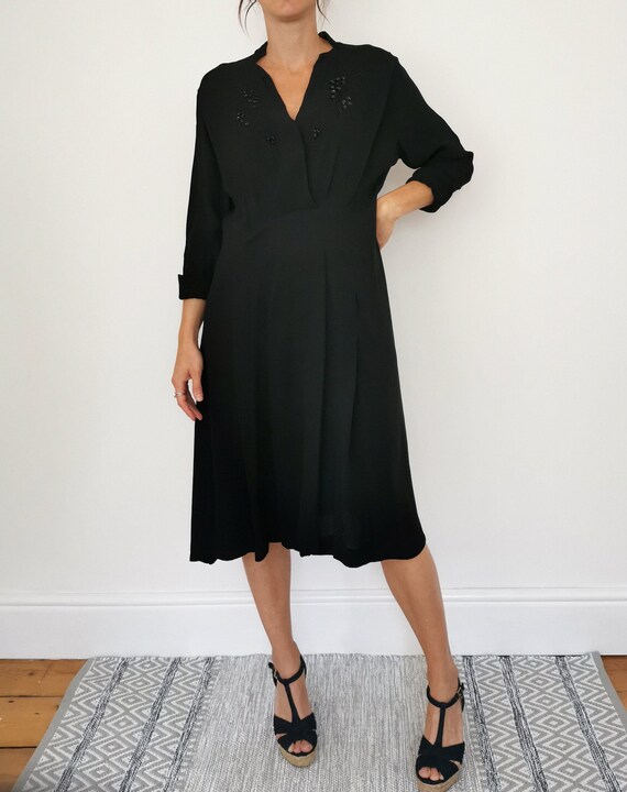 Vintage 40s Dress, Black Evening Dress, Moss Crepe