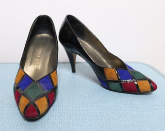 Vintage 1980s Shoes - Black Leather Patent - Colourful Suede Diamond Pattern - Size EU 37 UK 4 US 6