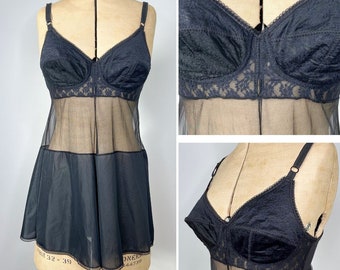 Vintage 1950s Black Lace Slip - Label: Dorothy Perkins - Size 36 A Bust - Small