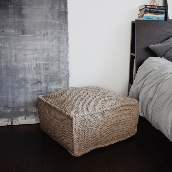 Repose-pieds carré en laine écologique-pouf au crochet-ottomane en tricot-chaise en tricot gris-pouf-repose-pieds-pouf-repose-pieds-pouf fait main-pouf de chambre d'enfant