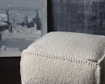 white wool footstool-livingroom pouf-bio woolen ottoman-white knit chair-pouf-floor pillow-white kids pouf-floor cushion-white-bedroom