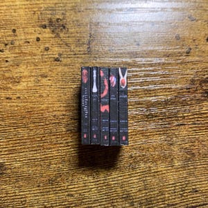 May include: A set of five paperback books with black covers and red and white text. The titles of the books are "Twilight", "New Moon", "Eclipse", "Breaking Dawn", and "Midnight Sun".