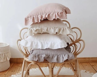 Country style linen pillowcase with ruffles, linen pillowcase in 4 different colors