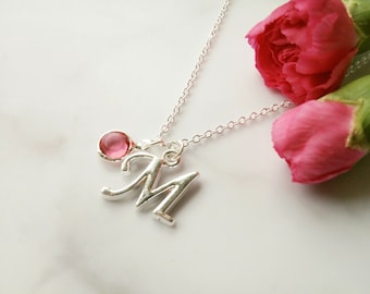 Lettre M collier pierre de naissance initiale nom personnalisé monogramme personnalisé pendentif bijoux en argent sterling Royaume-Uni maman femmes enfants enfant enfants fille