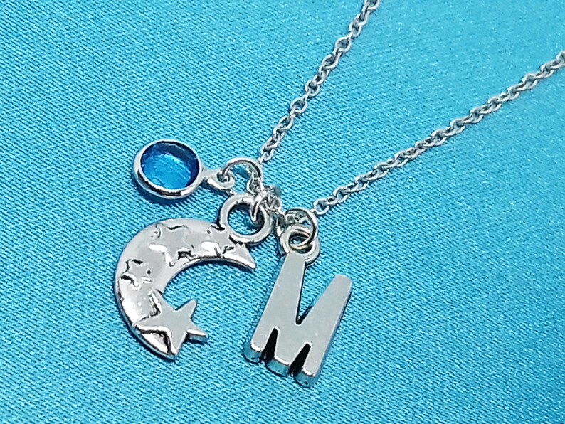 Moon and Star Necklace Personalized Name Initial Birthstone Sterling Silver Women Girl Kid Child Gift Custom Monogram Letter Charm Jewelry