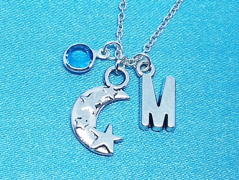 Moon and Star Necklace Personalized Name Initial Birthstone Sterling Silver Women Girl Kid Child Gift Custom Monogram Letter Charm Jewelry