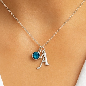 Initial Birthstone Necklace, Script Letter Birth Stone Necklace, Personalised Name Jewelry, Sterling Silver, Women Teen Girls Kids Child UK