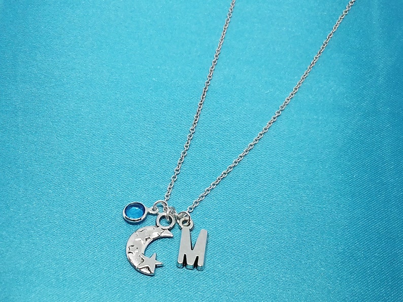 Moon and Star Necklace Personalized Name Initial Birthstone Sterling Silver Women Girl Kid Child Gift Custom Monogram Letter Charm Jewelry