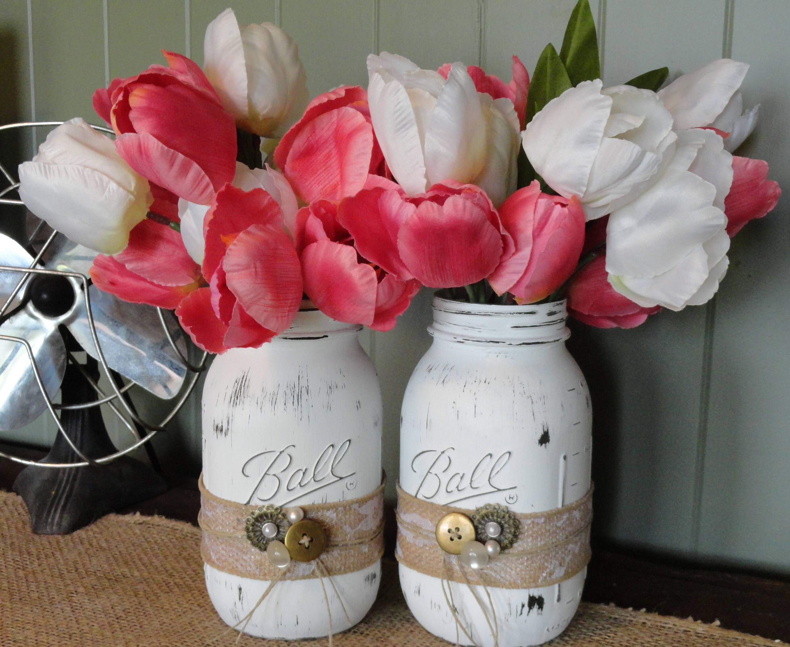 White Mason Jar Set Pink Tulip Table Centerpiece Spring Etsy