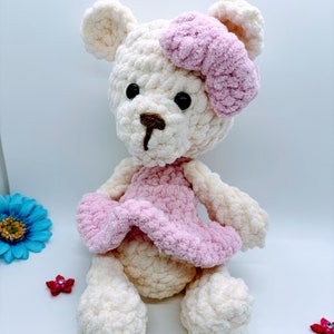 Oso de peluche rosa, oso de peluche color crema, oso con vestido rosa, osito de peluche suave para niña, oso de peluche, oso con lazo rosa.