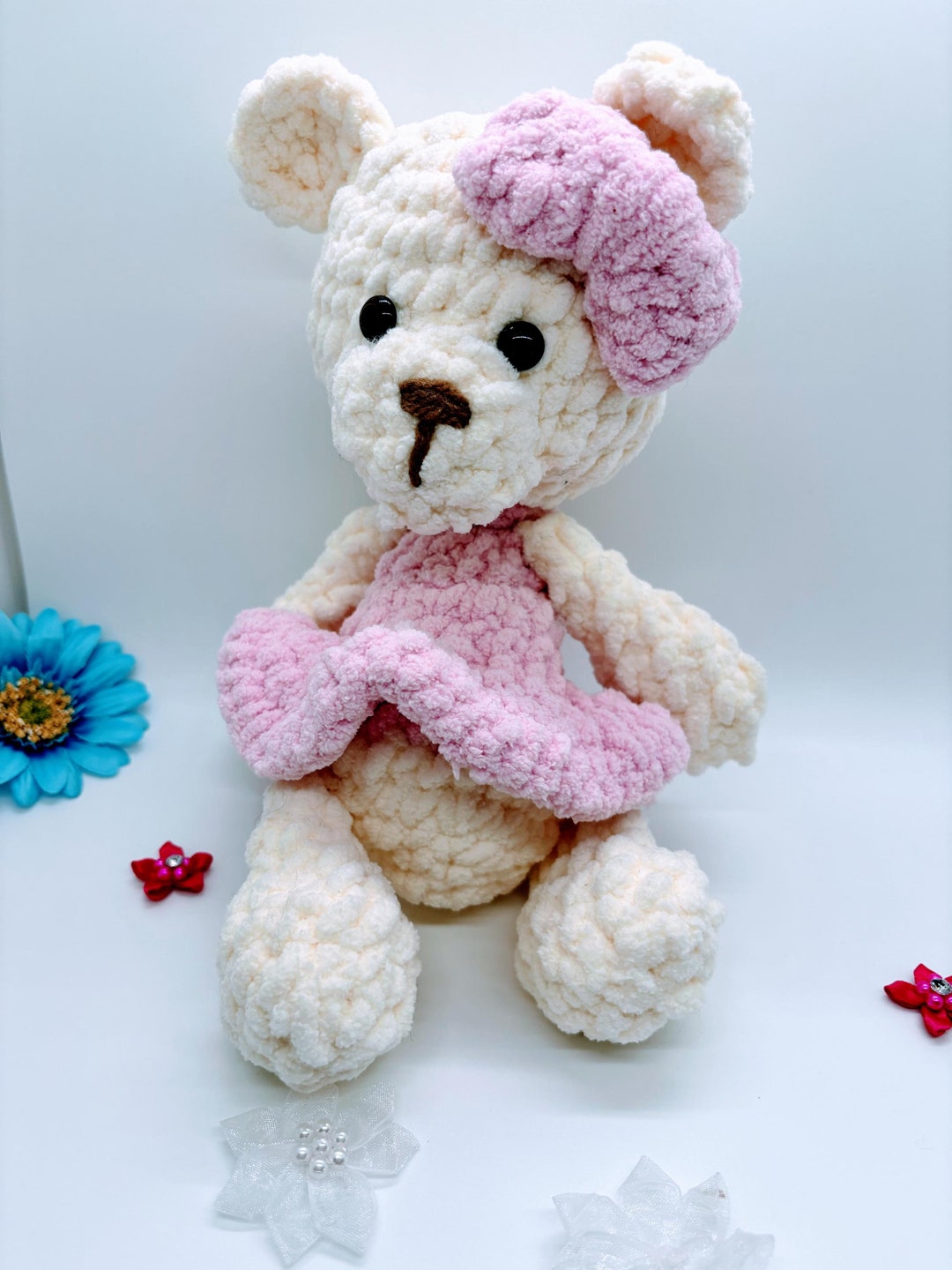 Plushie Bear in Pink, Crème Colored Stuffed Bear, Bear Wearing a Pink ...