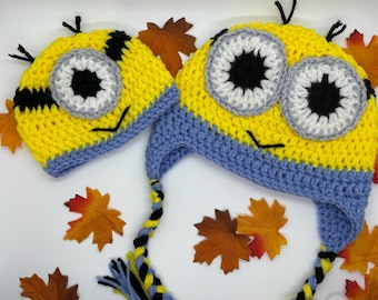 Minion Beanies, one eyed minion hats, two eyed minion hats, minion earflap hats, Halloween beanies, bright yellow minion hat, despicable me