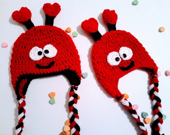 Love Bug Beanie, NB love bug, red hearts, February baby, 3-6 valentine hat, big hat, 6-12 bug beanie, earflap baby hat, Toddler bug beanie,