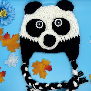 Panda Bear Earflap Hat, black and white panda hat, panda bear costume hat, Halloween costume, Halloween panda hat, winter panda beanie