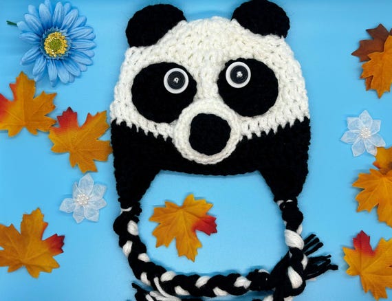 Panda Bear Earflap Hat, Black and White Panda Hat, Panda  display picture 3