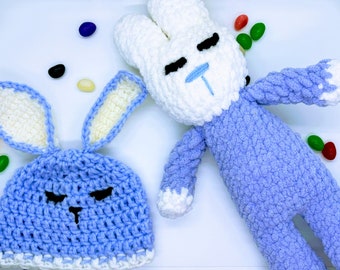 Sleepy Bunny Beanies, soft stuffed bunny, Easter bunny hat, blue bunny, blue and white stuffed rabbit, sleeping bunny hats, Easter baby hats