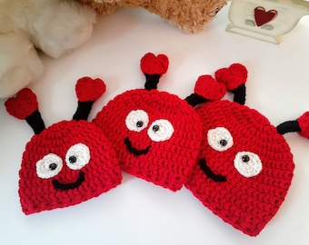 Love Bug Beanie, NB love bug, red hearts, February baby, 3-6 valentine hat, big hat, 6-12 bug beanie, red hat baby, Toddler bug beanie,