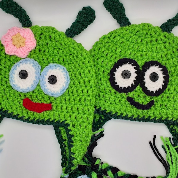 Caterpillar Beanies, green earflap Caterpillar hats, fall Beanies, Halloween hats, green beanie, spring beanies, child bug beanies, bug hats