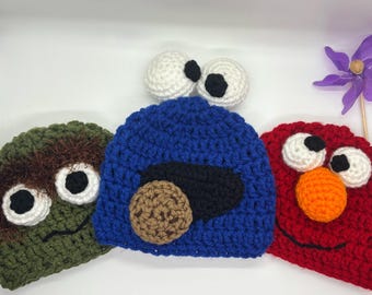 Muppet inspired beanies, Elmo hat, Cookie Monster hat, and Oscar the Grouch hat, Halloween costume hats, fun character beanies, earflap hats