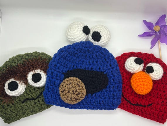 Muppet inspired beanies, Elmo hat, Cookie Monster hat, and Oscar the Grouch hat, Halloween costume hats, fun character beanies, earflap hats