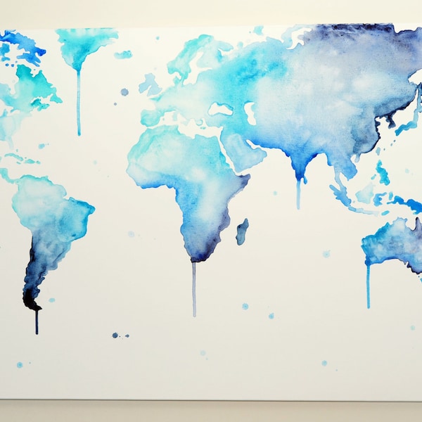 World Map // 'Why So Blue?' Hand Painted Canvas // Wall Art