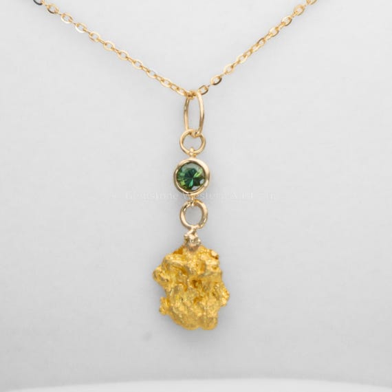 Natural Gold Nugget Pendant with Green Australian Sapphire in 18K Yellow Gold