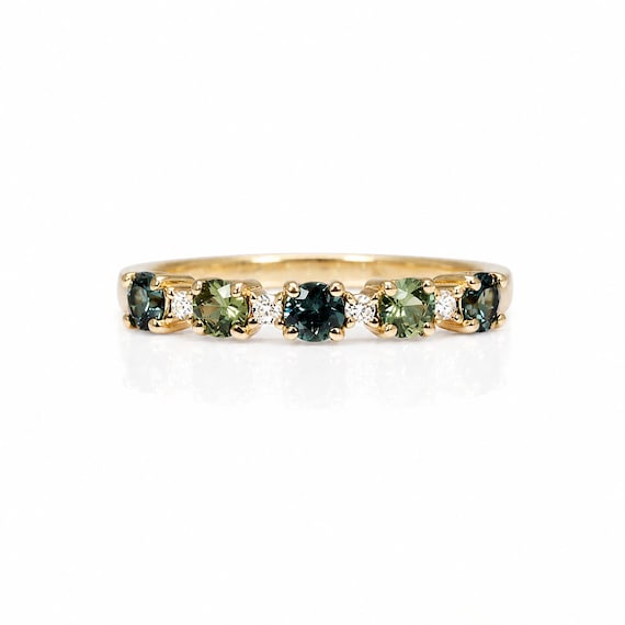 Australian Teal Sapphire & Diamond Band Ring in 18K Yellow Gold