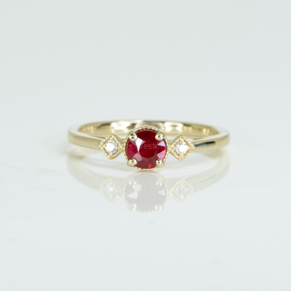 Unheated Ruby Three Stone Ring in 14K Yellow Gold